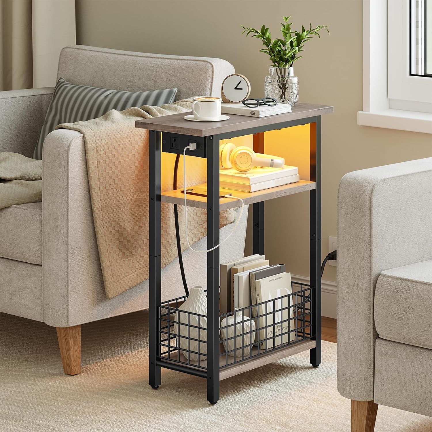 Narrow Side Table with Charging Station and LED Light, Small End Table with Storage, Skinny Nightstand with USB Port, Slim Bedside Table for Small Spaces, Living Room, Greige BG242UDBZ01