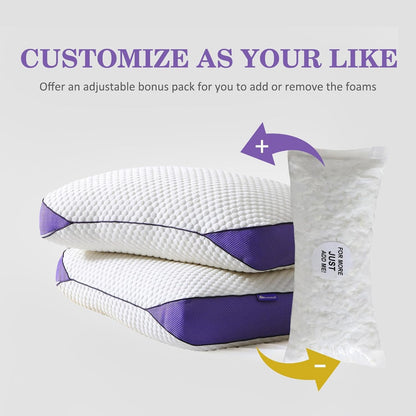 Adjustable Shredded Memory Foam Pillow Queen Size, Cooling Bed Pillow for Sleeping with Removable Cover, Medium Pillow for Side Stomach & Back Sleepers, 1 Pack 20"X28"