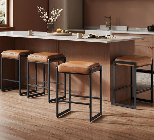 EKHO Collection - Bar Stools Set of 4, Counter Height Bar Stools, Synthetic Leather with Stitching, Mid-Century Modern Counter Stools, 26-Inch Tall, Kichen Home Bar Dining Room, Caramel Brown