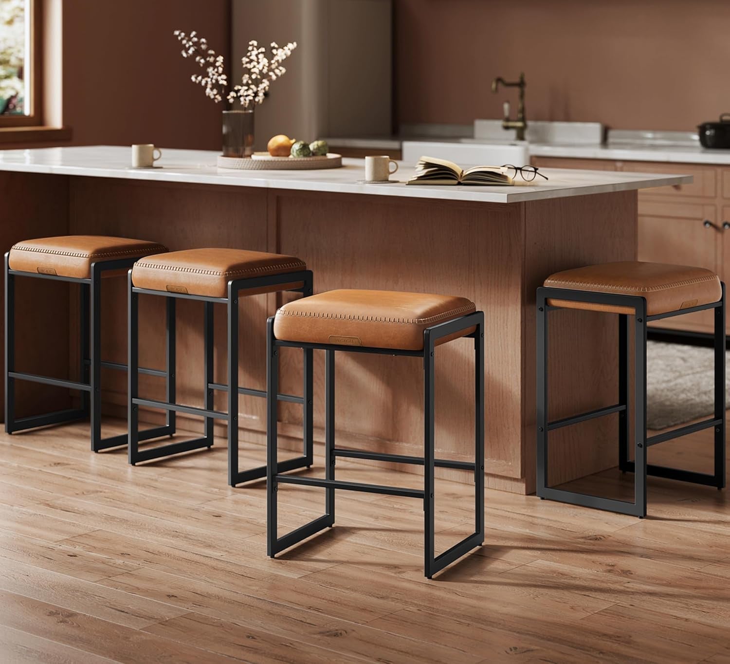 EKHO Collection - Bar Stools Set of 2, Counter Height Bar Stools, Synthetic Leather with Stitching, Mid-Century Modern Counter Stools, 26-Inch Tall, Kichen Home Bar Dining Room, Caramel Brown