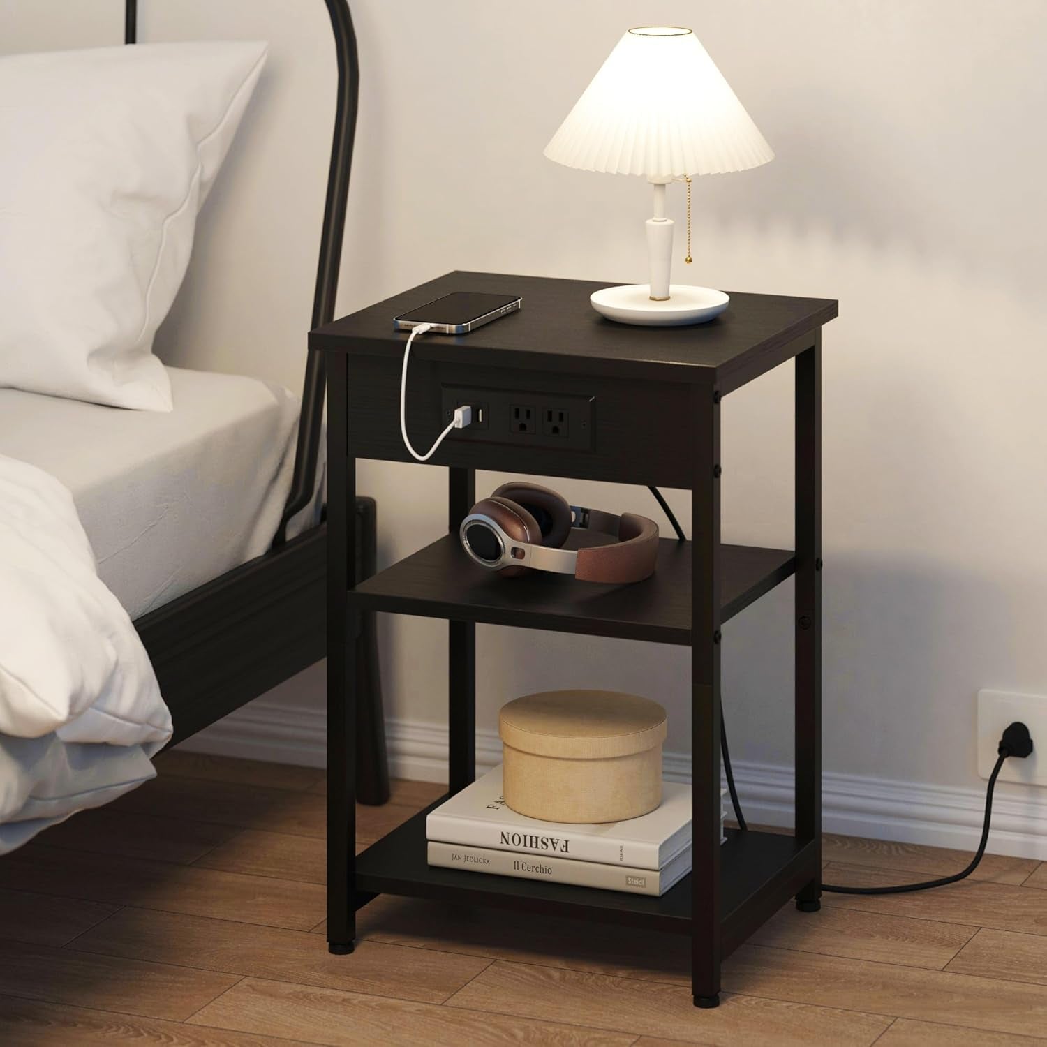 End Tables with Charging Station USB Ports, 3 Tier Tall Night Stand with Storage Shelves,Narrow Side Table for Small Space Living Room Bedroom Office, Record Player Stand, Black