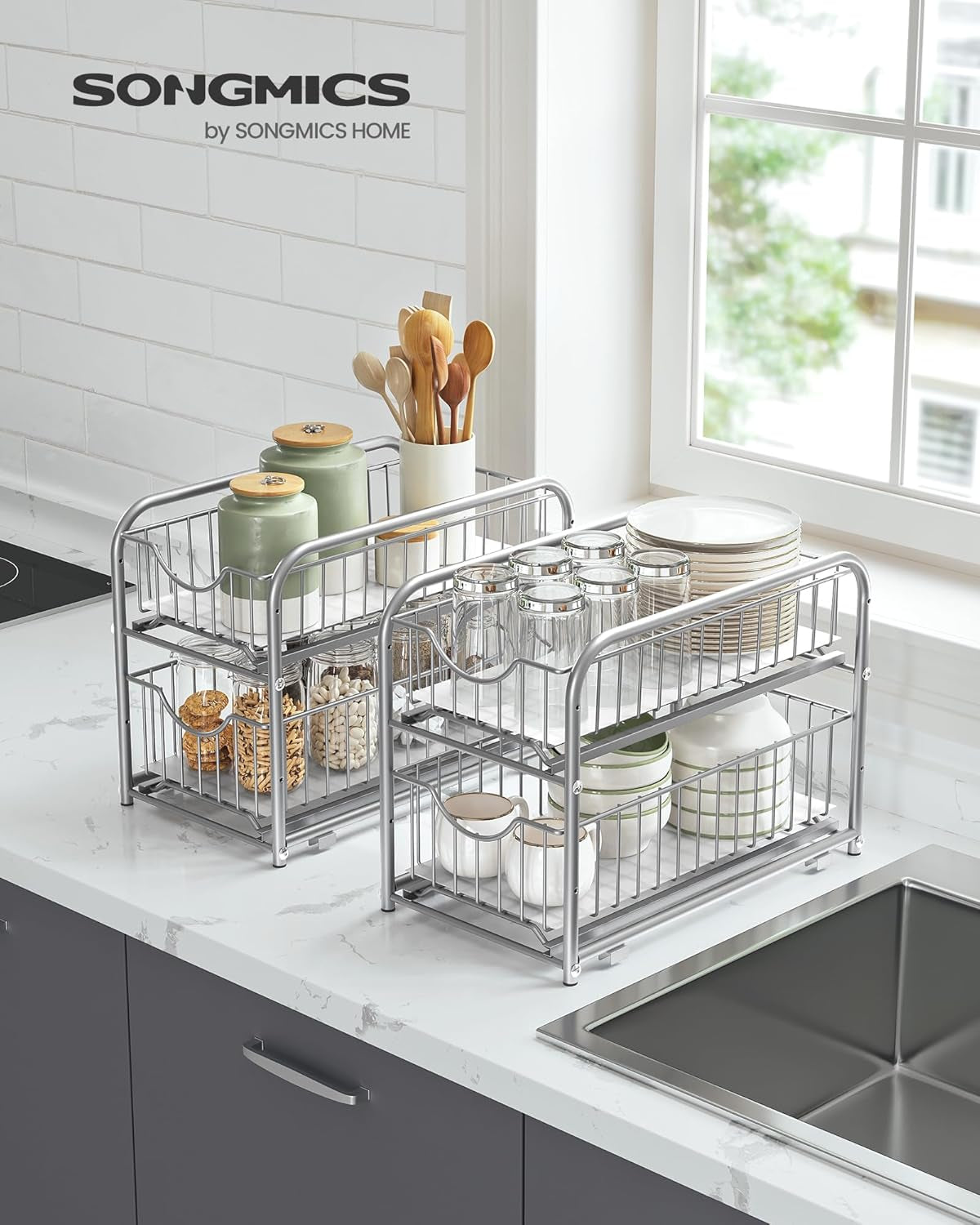 2-Tier Pull Out Cabinet Organizers, under Sink Organizer, Bathroom Organizer and Storage, Sliding Basket Drawers, Stackable for Kitchen, Bathroom, Metallic Silver UKCS017E01