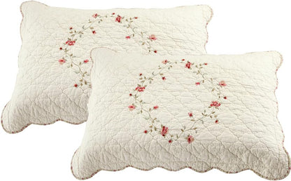 2-Piece Elegant Floral Embroidered Pillow Shams King Size 100% Cotton Quilted Decorative Pillow Shams Set (Cream,20"X36")