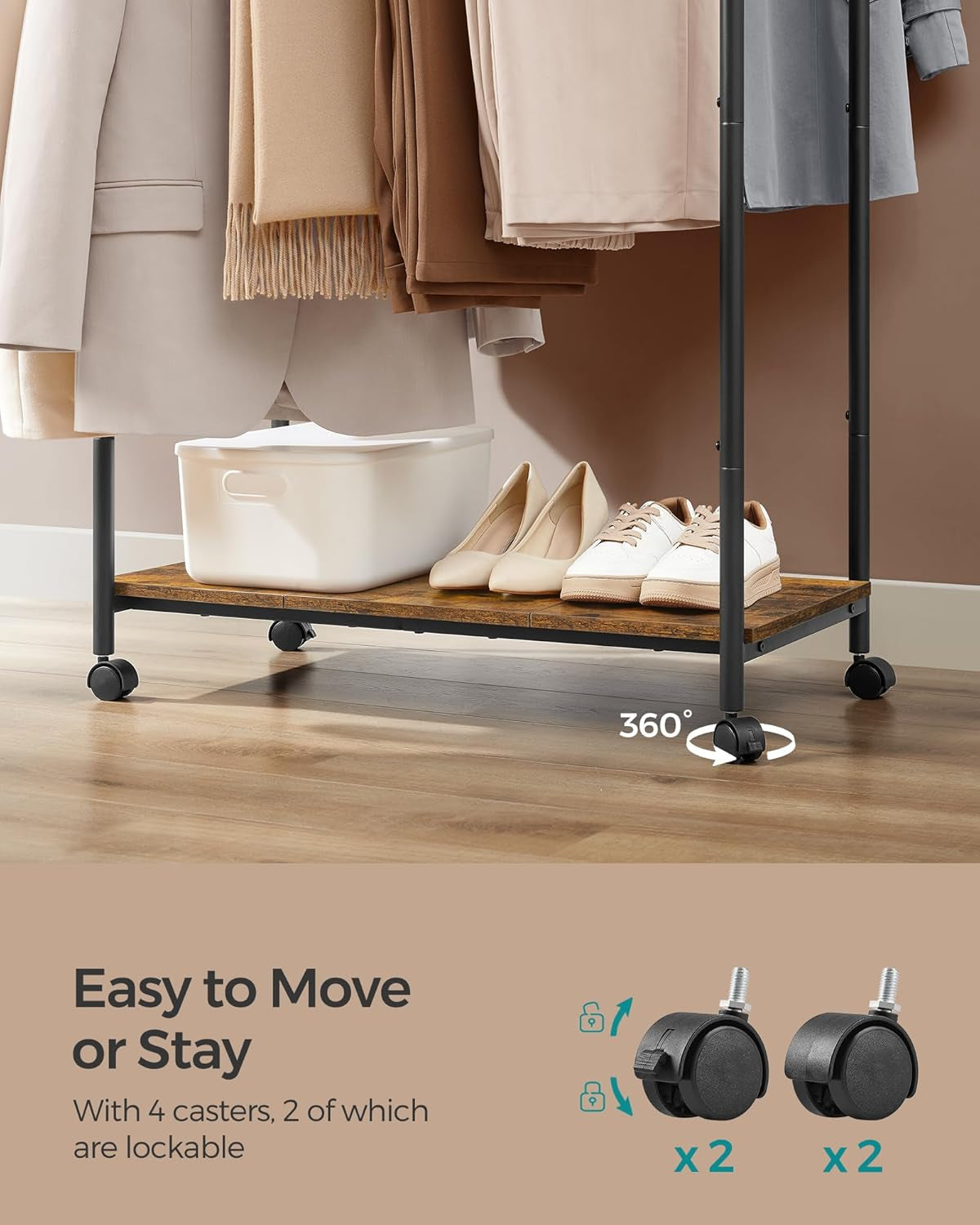 Double-Rod Clothes Rack with Wheels, 38.8 Inches Garment Rack with Shelf for Hanging Clothes, Loads up to 220 Lb, for Bedroom, Closet, Rustic Brown and Ink Black UHSR152B01