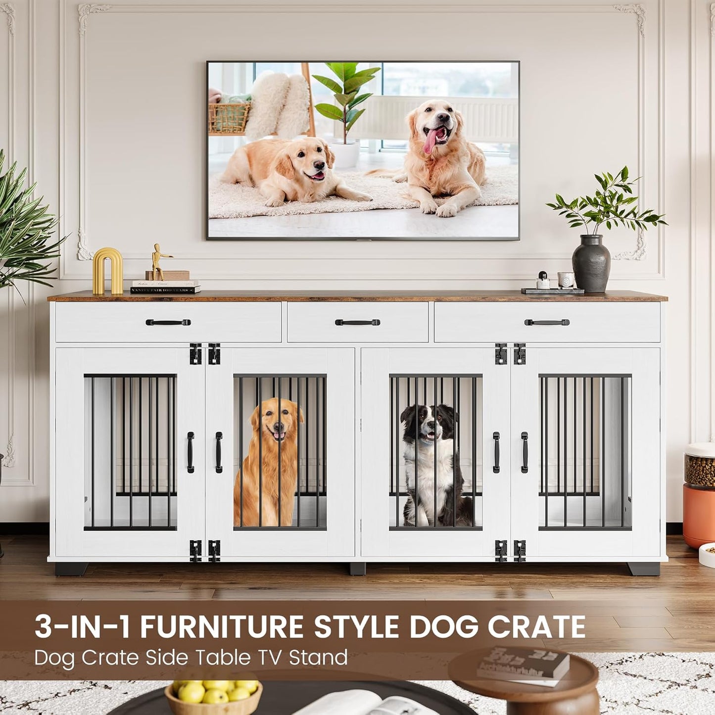 71 in Large Dog Crate Furniture for 2 Dogs with 3 Drawers, Heavy Duty Double Indoor Dog Kennel and TV Stand for Medium Large Dogs, Walnut