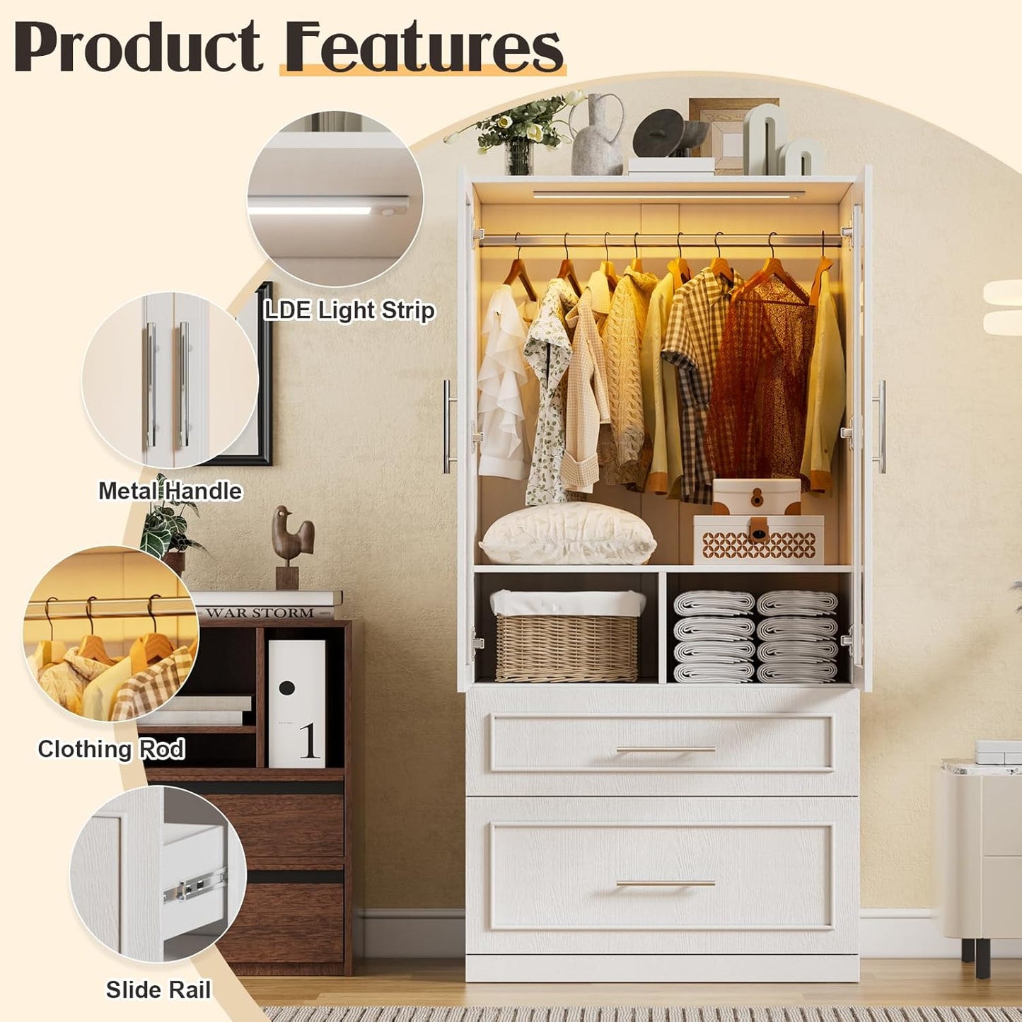 Armoire Wardrobe Closet with Glass Door and Drawers, Bedroom Closet Wardrobe Cabinet with Hanging Rod, Lighted Freestanding Armoire Storage Cabinet for Bedroom Cloakroom White