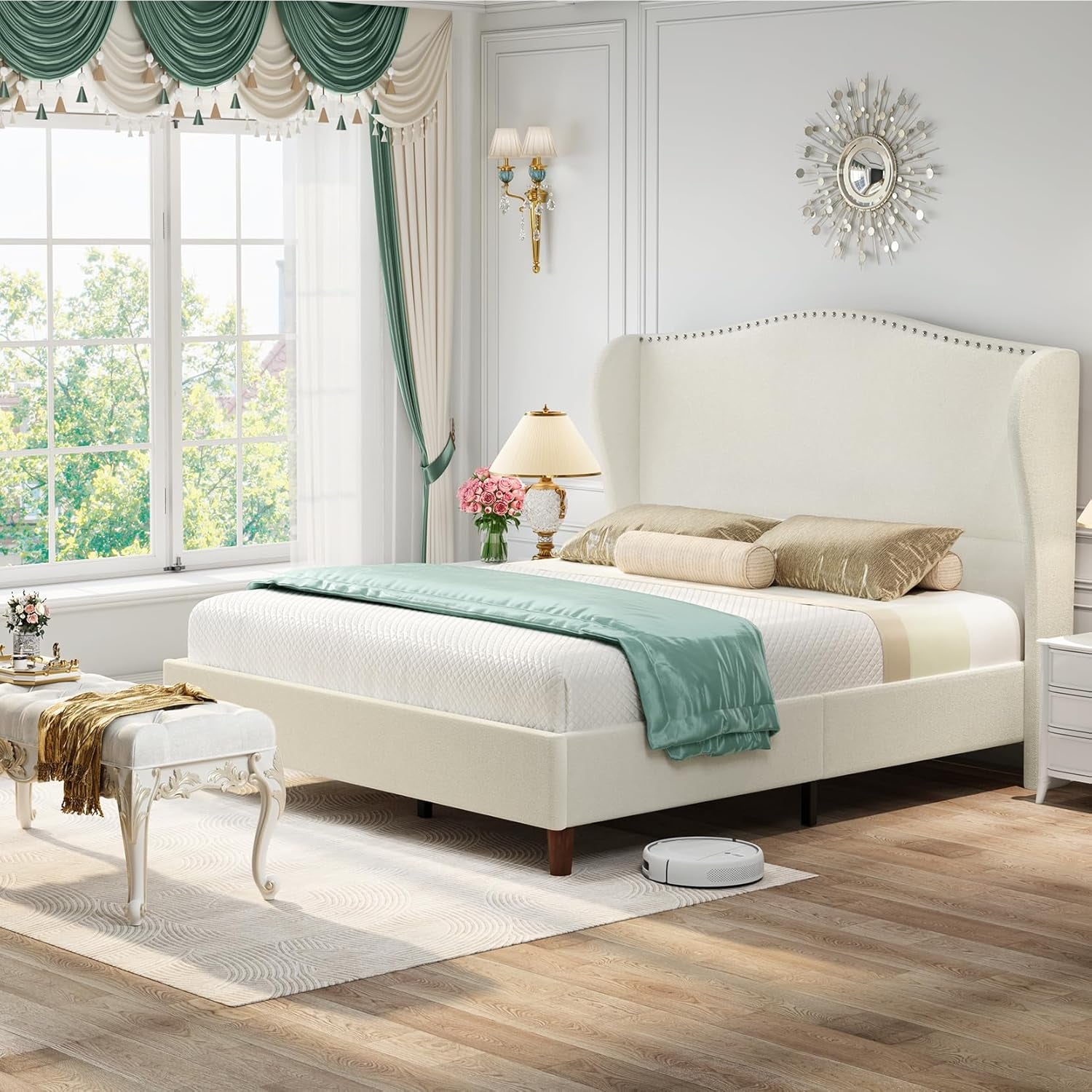 Queen Size Chenille Bed Frame with 52" Tall Headboard, Upholstered Platform Bed with Nailhead Trim Headboard Wingback, No Box Spring Needed, Wood Slats Support, Easy Assembly, Beige