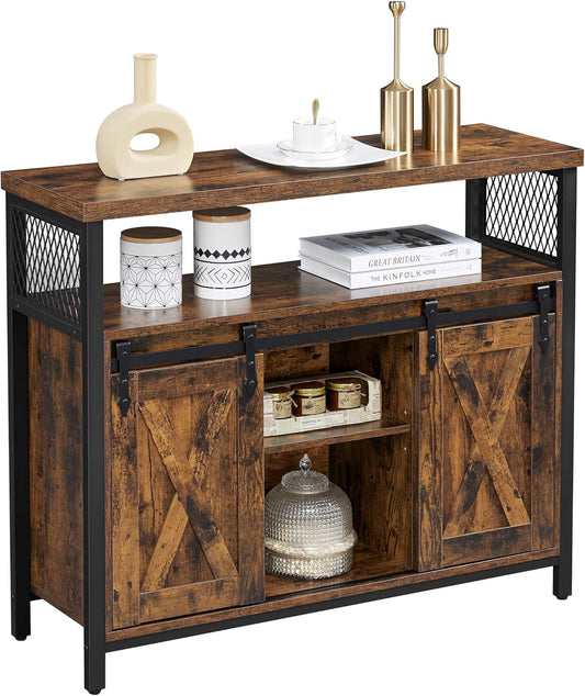 Buffet Cabinet, Coffee Bar Storage Cabinet, Sideboard with 2 Sliding Barn Doors, Adjustable Shelves, 13 X 39.4 X 31.5 Inches, for Living Room, Rustic Brown and Ink Black ULSC092B01
