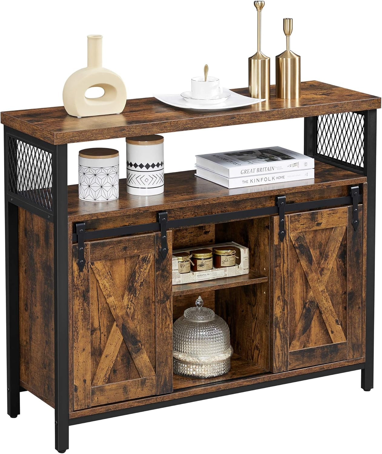 Coffee Bar Cabinet with Power Outlet and Voice Control LED Light, Buffet Cabinet with Sliding Barn Doors, S Hooks, Wine Glass Racks, Bottle Holders, Rustic White and Honey Brown ULSC201W01