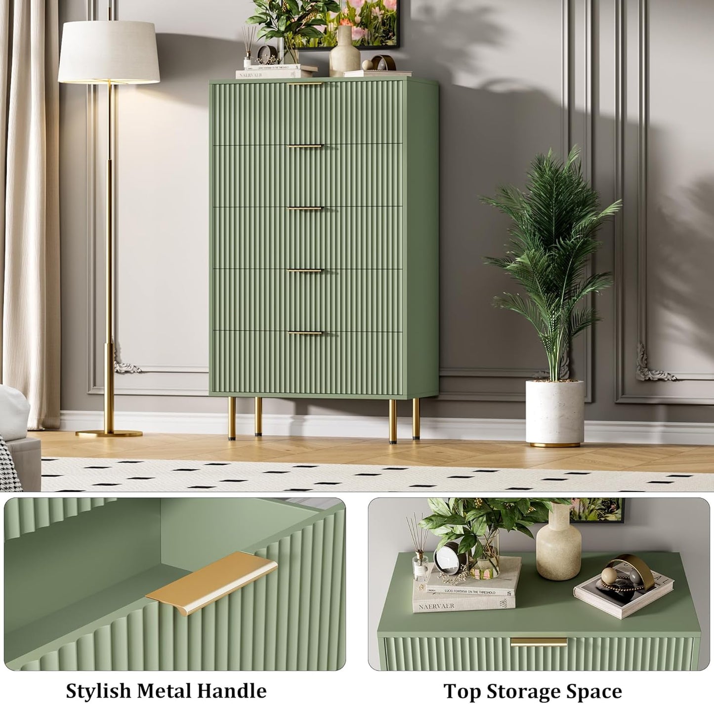 5 Drawers Dresser for Bedroom, Fluted Dresser Chest of Drawers with Handle, Wood Modern Dressers for Closet, Bedroom Furniture Storage Organizer for Living Room, Hallway