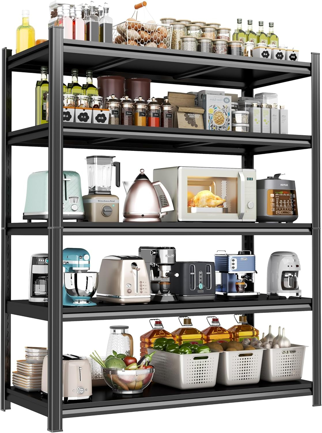 77.4" H Kitchen Shelving, Kitchen Storage Organization Metal Shelves Loads 2000LBS, Pantry Shelving Unit, 5-Tier Racks for Storage, Coffee Machine Storage Shelf Stand, Black