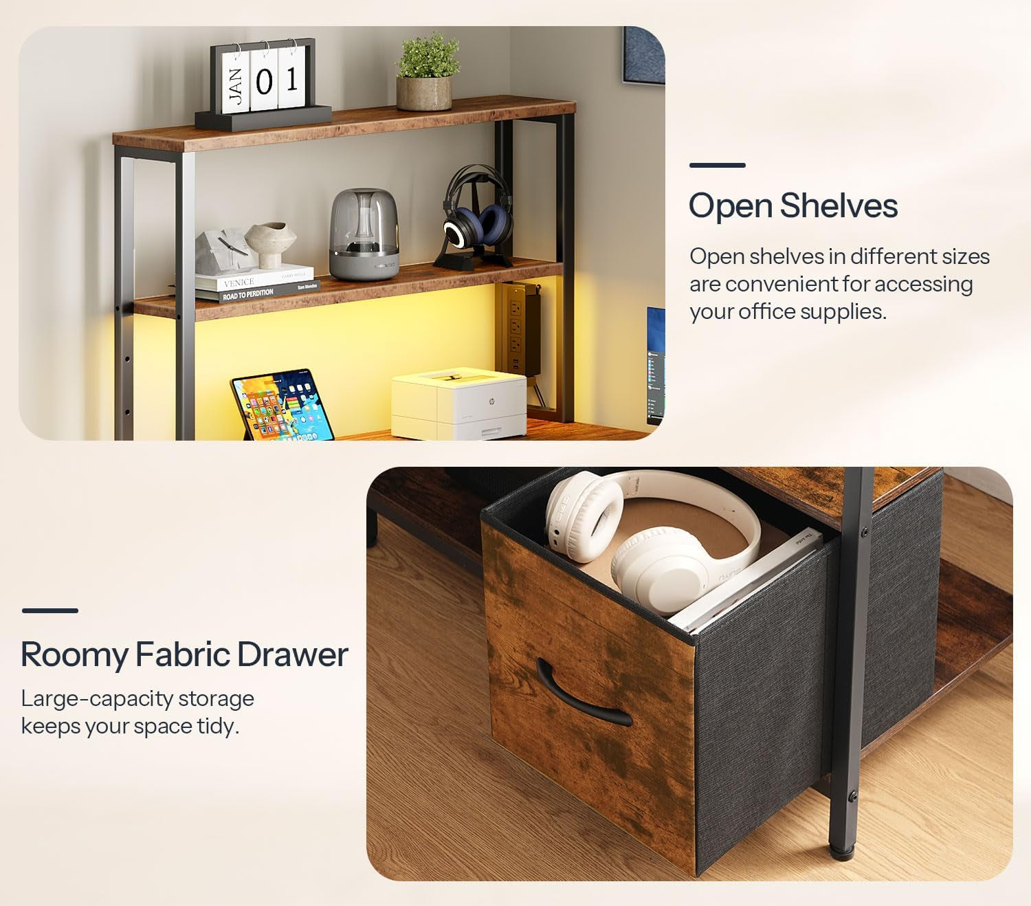 L Shaped Gaming Desk, 46 Inch Reversible Computer Desk with LED Light & Power Outlet, Office Desk with Storage Shelves & Drawer, for Home Office, Study, Rustic Brown and Black BF18UDDN01