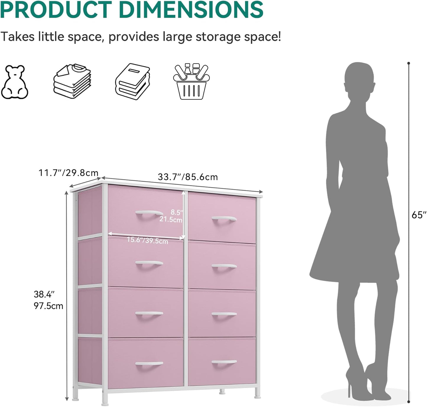 Fabric Dresser for Bedroom, Tall Storage Dresser with 8 Drawers, Black Dresser & Chest of Drawers, Storage Drawer Organizer for Closet, Bedroom, Living Room(Pink)