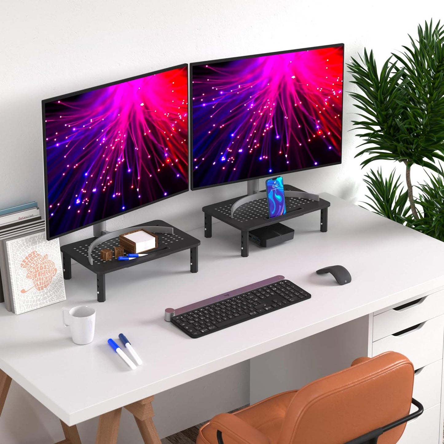 Back Saver Monitor Stand for Desk - 2 Pack Monitor Riser - Anti-Skid HD Hexagonal Steel Computer Stand - Free Cable Ties - Mesh Metal Computer Item Stand - Printer & Imac