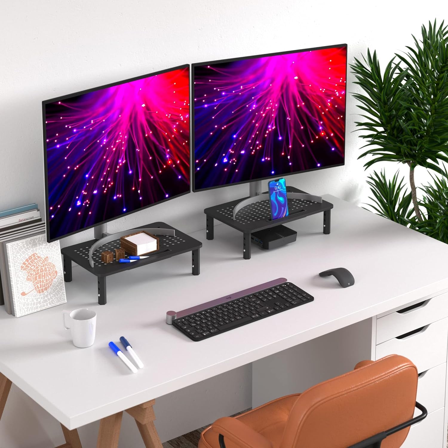 Back Saver Monitor Stand for Desk - 2 Pack Monitor Riser - Anti-Skid HD Hexagonal Steel Computer Stand - Free Cable Ties - Mesh Metal Computer Item Stand - Printer & Imac