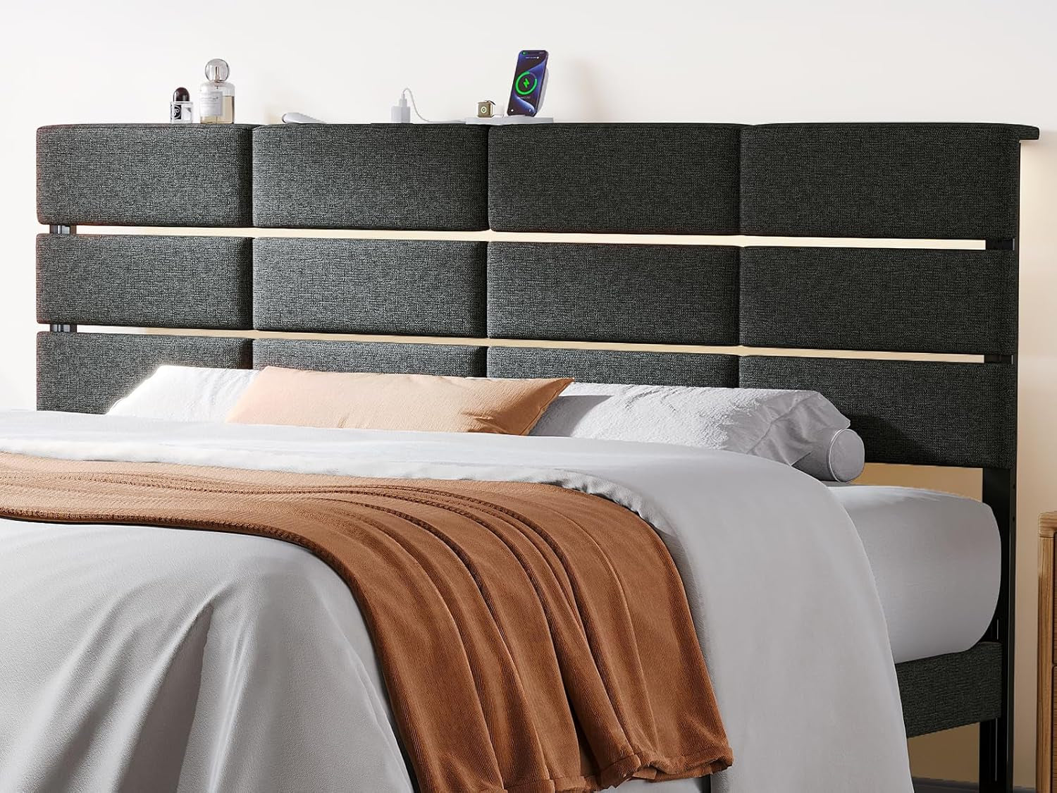 Full/Queen Size Upholstered Headboard, Adjustable Head Boards with LED Light & Charging Station, Bed Headboard Only, Attach Frame, Study & Comfortable, Ideal for Bedroom, Dorm, Guest Room, Dark Grey