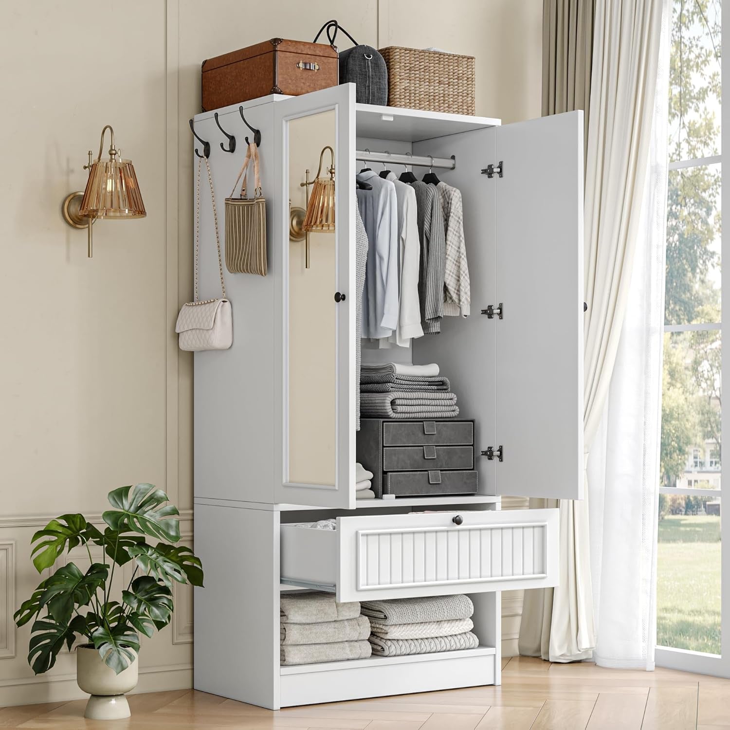 70" Armoire Wardrobe Closet with Doors & Mirror,Wooden Wardrobe with Drawers and 3 Side Hooks,Large Freestanding Bedroom Storage Wardrobe Cabinet,White