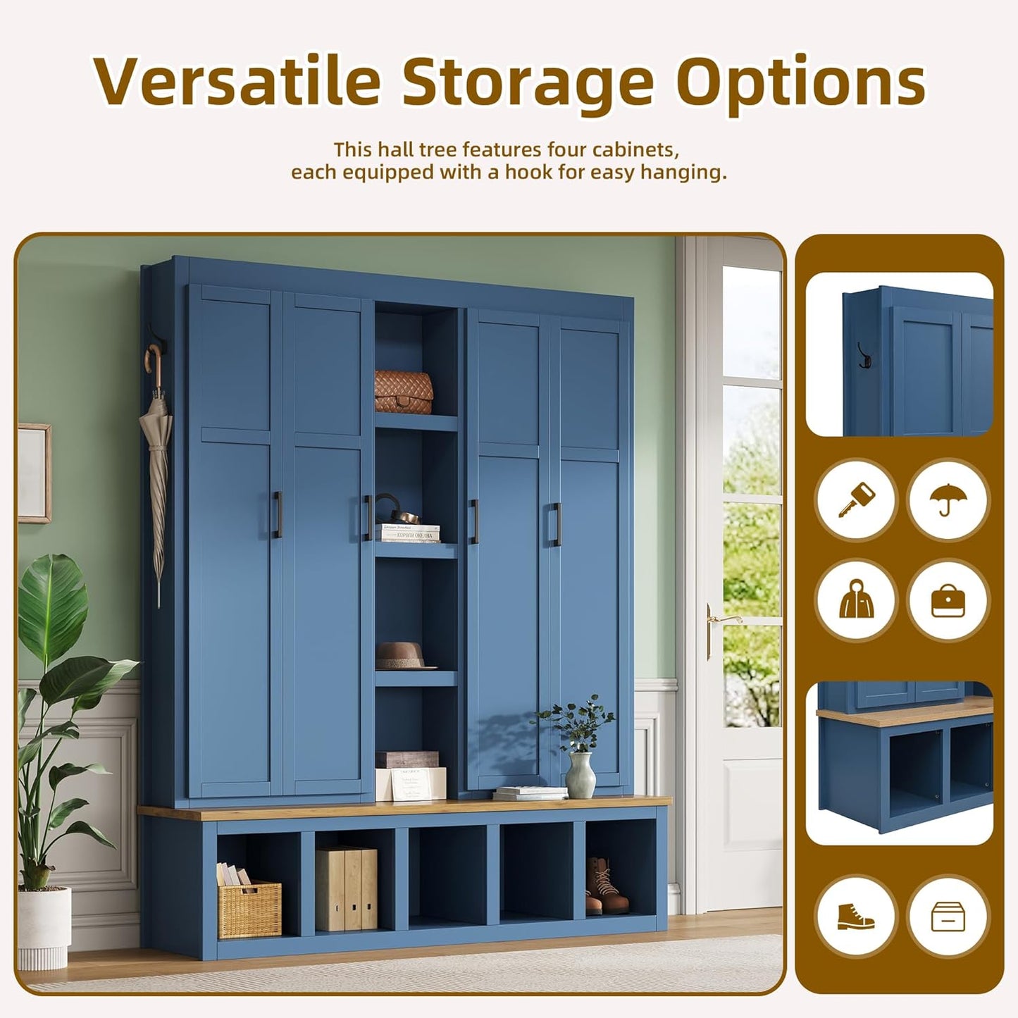 Modern Farmhouse Hall Tree with Bench, 4-In-1 Entryway Storage Cabinet & Shoe Organizer with Hooks, Blue