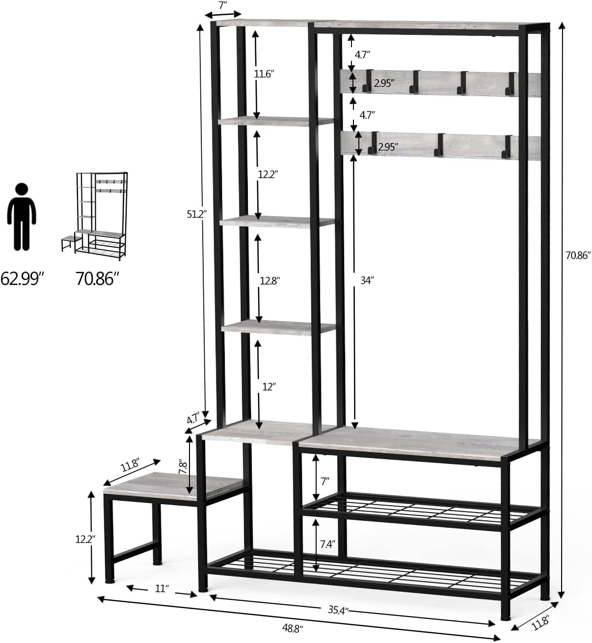 Hall Tree with Shoe Storage Bench Coat Rack with 7 Hooks Interchangeable 4 Tier Side Storage Shelves Small Cute Side Bench Industrial 5-In-1 Entryway Coat Rack for Hallway Mudroom Bedroom