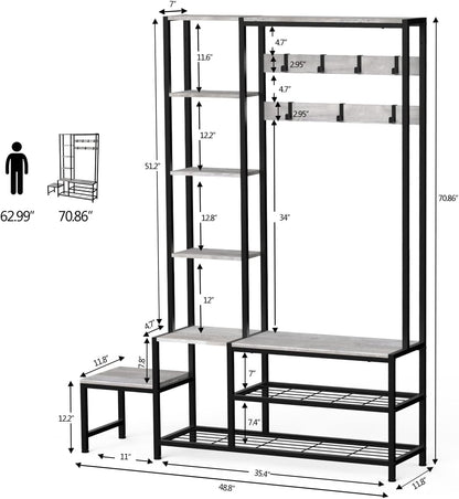 Hall Tree with Shoe Storage Bench Coat Rack with 7 Hooks Interchangeable 4 Tier Side Storage Shelves Small Cute Side Bench Industrial 5-In-1 Entryway Coat Rack for Hallway Mudroom Bedroom