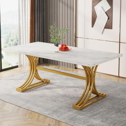 63-Inch Rectangular Dining Table for 4 to 6, Modern Kitchen Table with Stylish Metal Trestle Legs, Large Dinner Table for Dining Room, Chair Not Included (White+Gold)