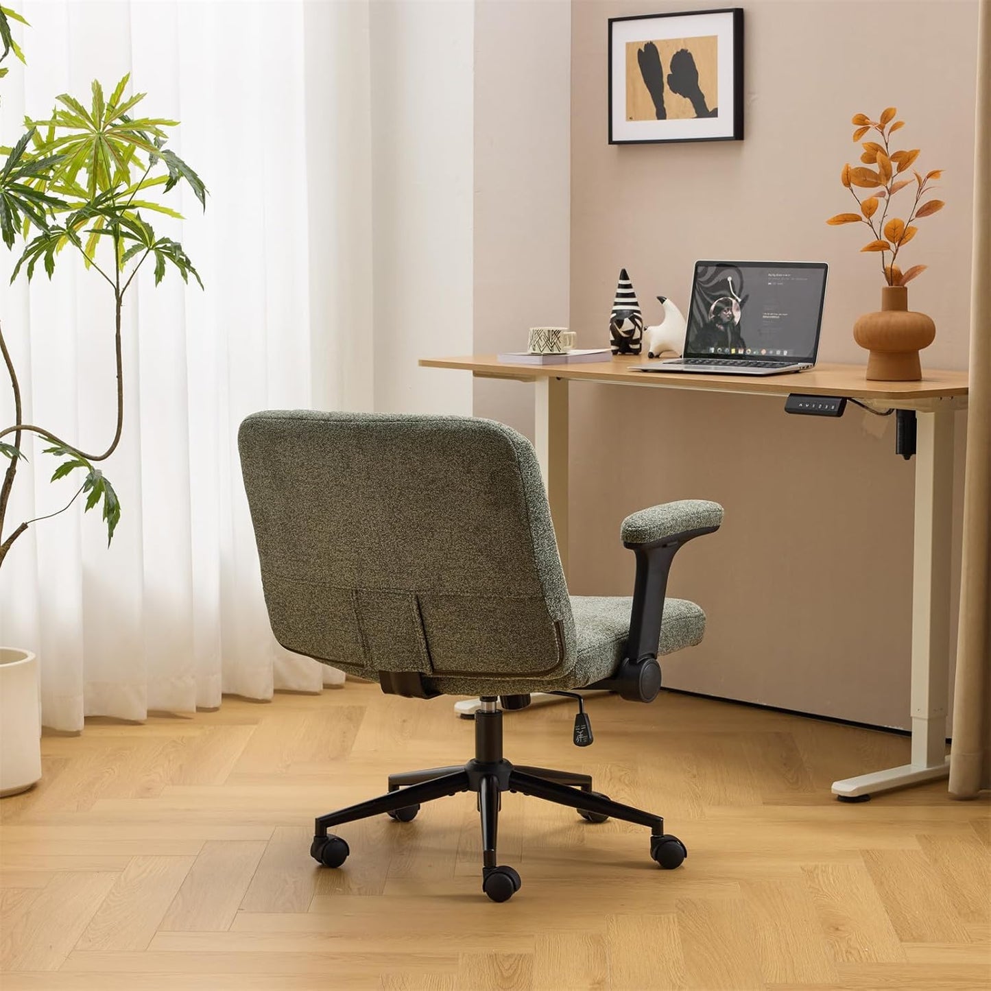 Criss Cross Chair with Adjustable Flip-Up Arms,Cross Legged Chair with Wheels, Extra Wide Office Chair,Cozy Desk Chair for Home Office, Vanity, Apartment,Chenille Velvet,Dark Green