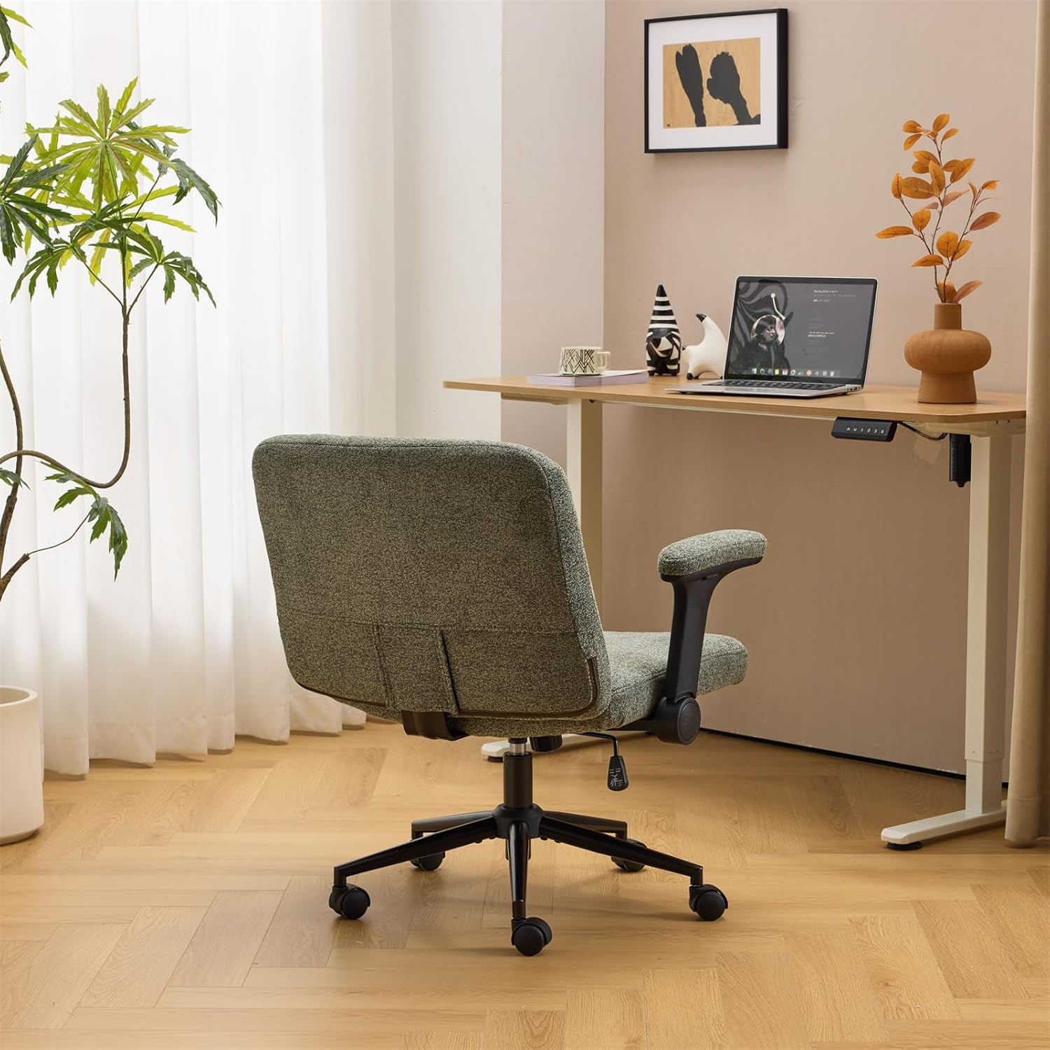 Criss Cross Chair with Adjustable Flip-Up Arms,Cross Legged Chair with Wheels, Extra Wide Office Chair,Cozy Desk Chair for Home Office, Vanity, Apartment,Chenille Velvet,Dark Green