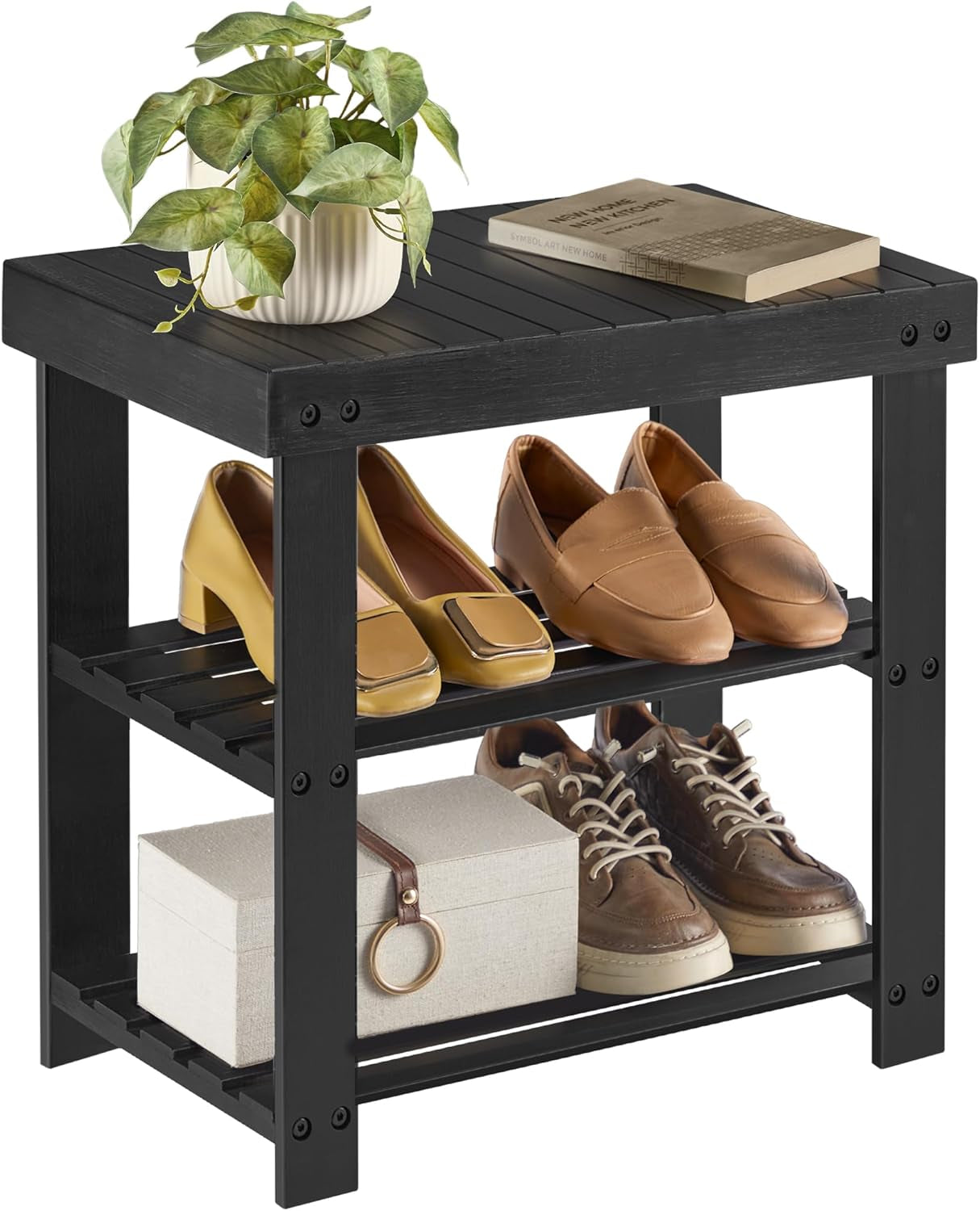 Shoe Rack Bench, 3-Tier Bamboo Shoe Storage Organizer, Entryway Bench, Holds up to 286 Lb, 11.3 X 27.6 X 17.8 Inches, for Entryway Bathroom Bedroom, Ink Black ULBS04H