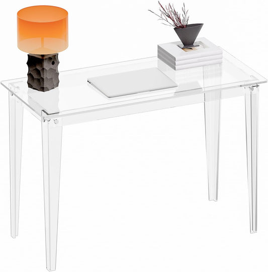 Acrylic Computer Desk, 43.3 Inch, Clear Study Desk for Home Office, Writing, Vanity, Modern, Easy Assembly, 19.7" W X 29.5" H, Right-Angle Legs Design