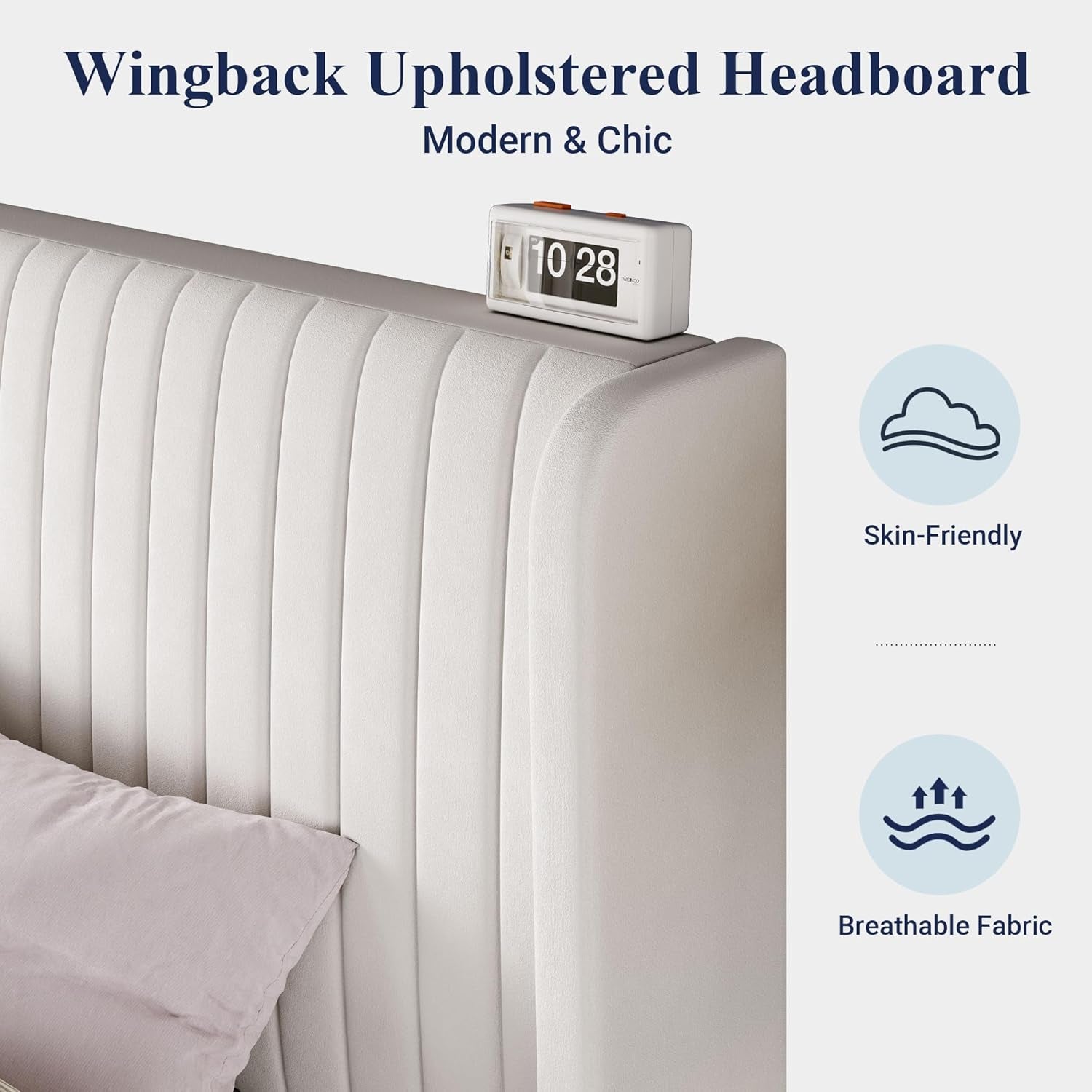 Full Size Velvet Bed Frame/Vertical Channel Tufted Wingback Headboard/Upholstered Platform Bed/Strong Wooden Slats/No Box Spring Needed/Easy Assembly/White