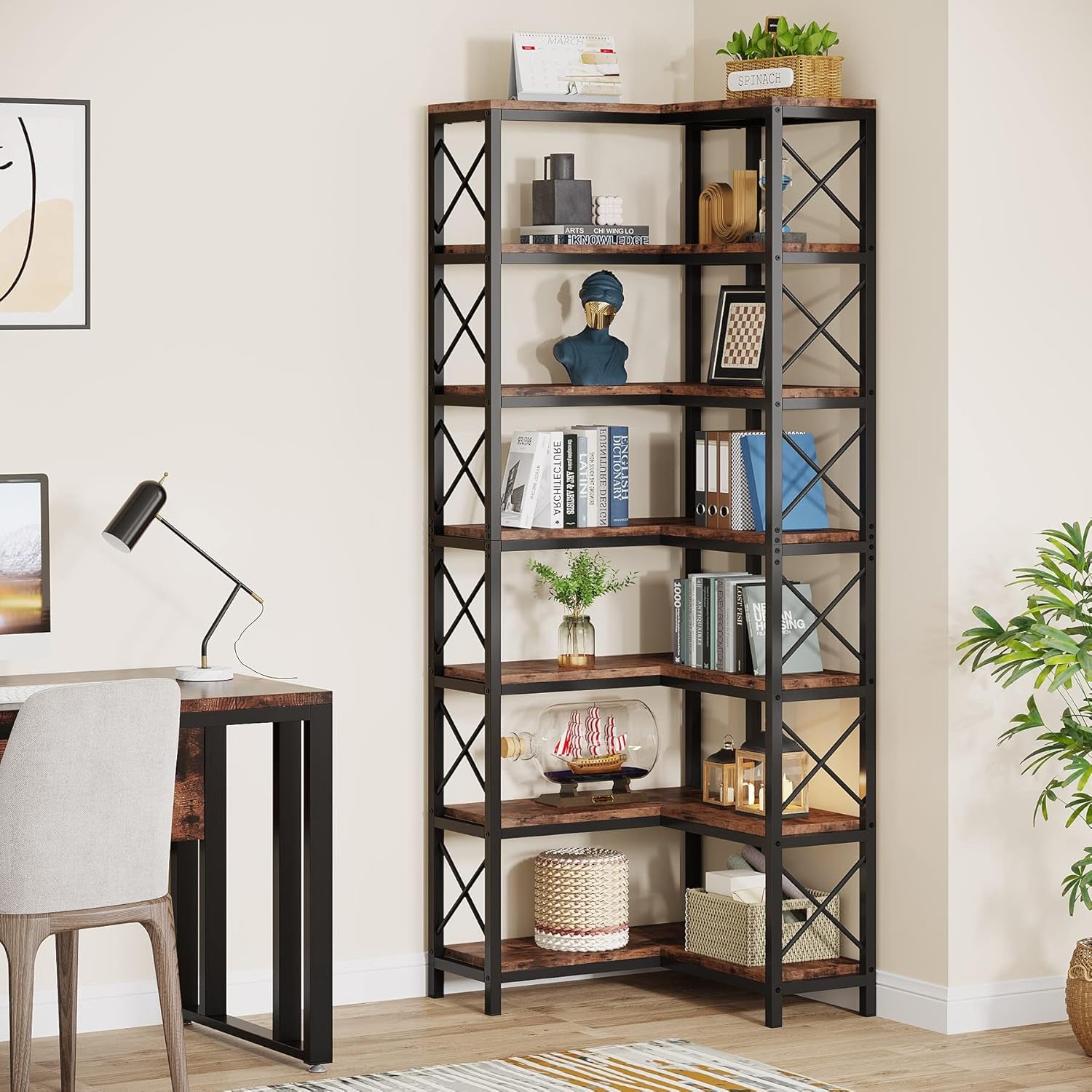 7-Shelf Corner Bookshelf,Large Modern Corner Bookcase, 7-Tier Tall Corner Shelf Storage Display Rack with Metal Frame for Living Room Home Office (Rustic Brown)