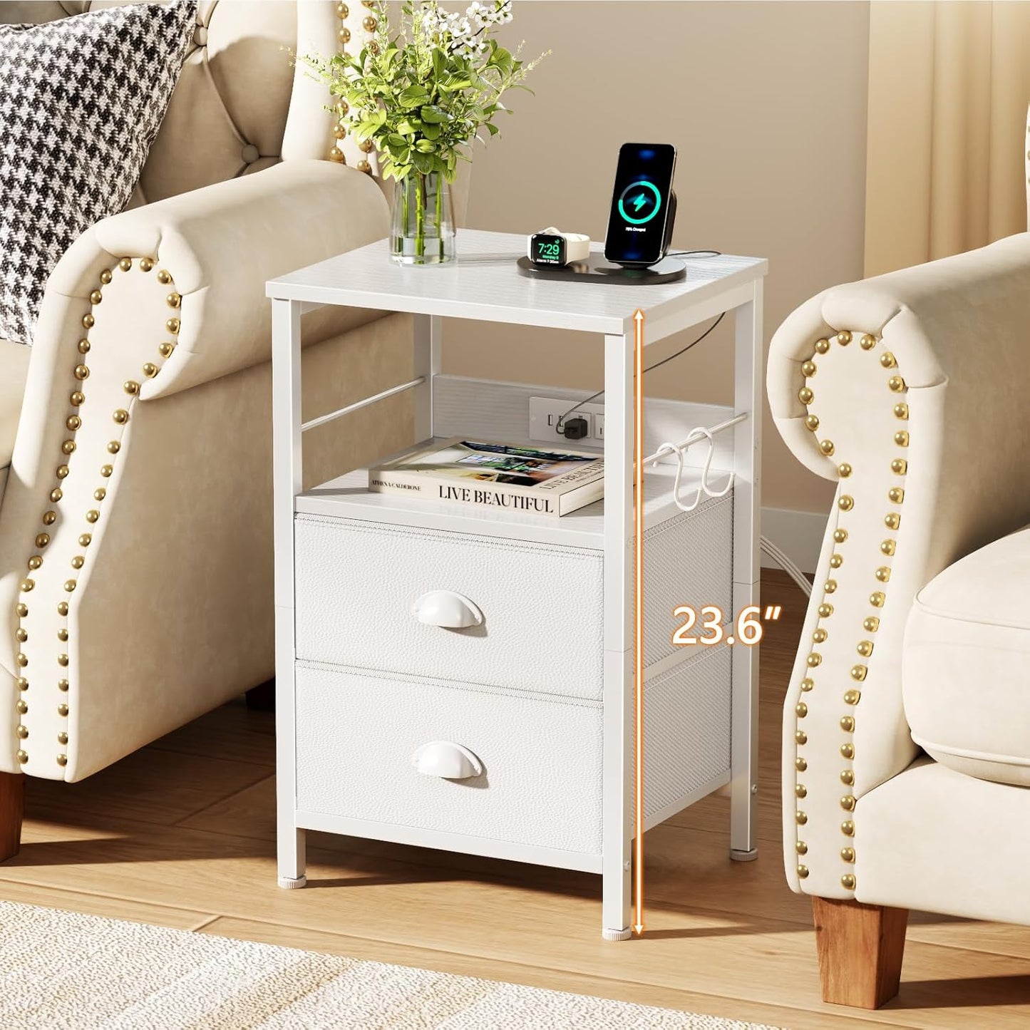 End Table with Charging Station, Nightstand with Fabric Drawers, Side Tables with USB Ports & Outlets, Night Stand with Storage Shelf & Hooks, for Living Room/Bedroom, White