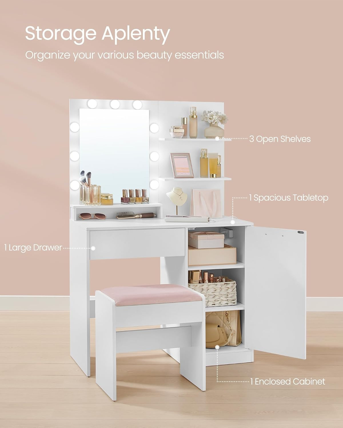 Vanity Desk with Mirror and Lights, Power Outlets, Vanity Table Set with Stool, Drawers, 35.4-Inch Wide Makeup Vanity, Jewelry Storage, Adjustable Shelves, for Bedroom, Cloud White URDT132W02