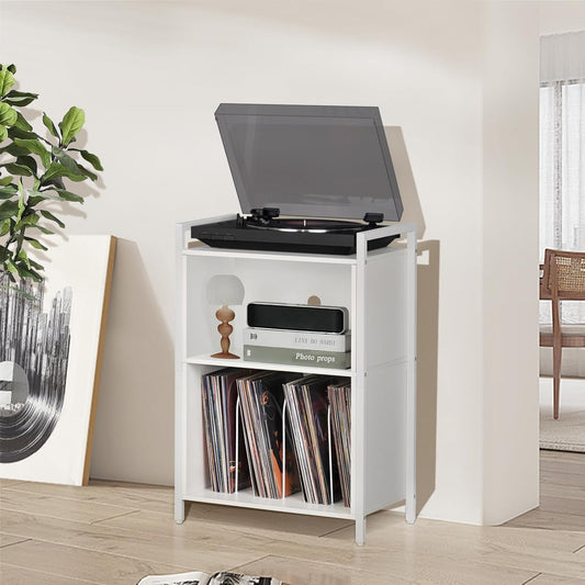 Record Player Stand, Vinyl Record Storage with Storage, Vintage Turntable Stand 3-Shelf Black Vinyl Record Holder Stand Holds up to 180 Albums,Record Table with Handle for Living Room,Bedroom