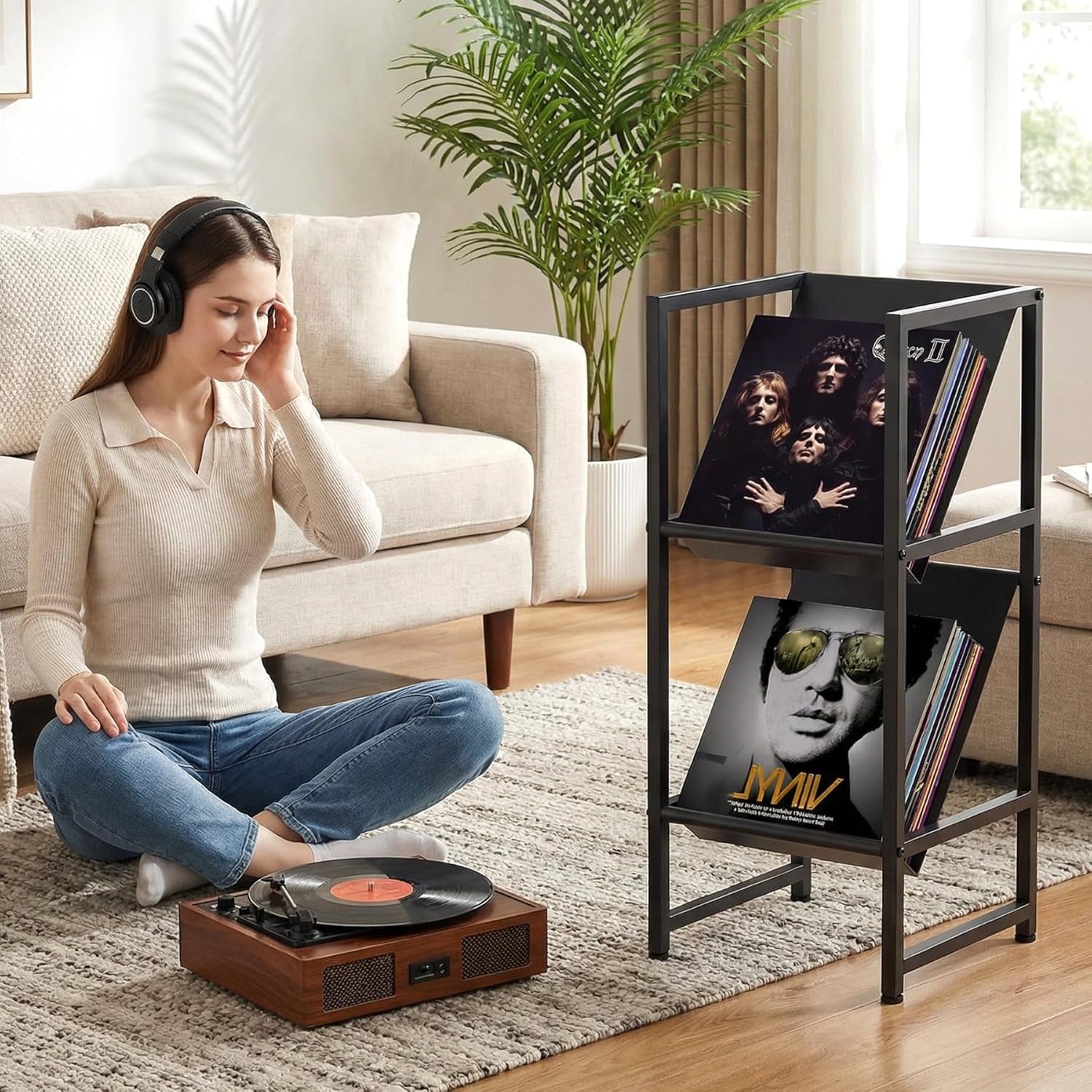 Conceptual Design Vinyl Record Storage, 2 Tier Black Metal Record Holder, Stylish Storage Solution for Your Collection