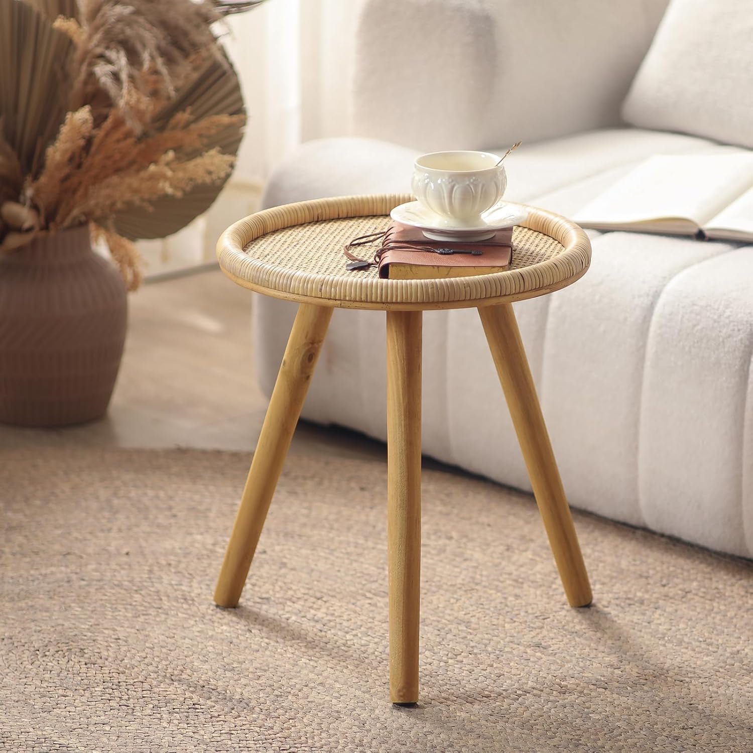Small Side Table, Rattan round Coffee Table, Boho Circle Side Tables End Table for Living Room, Mid Century Accent Table for Bedroom Balcony
