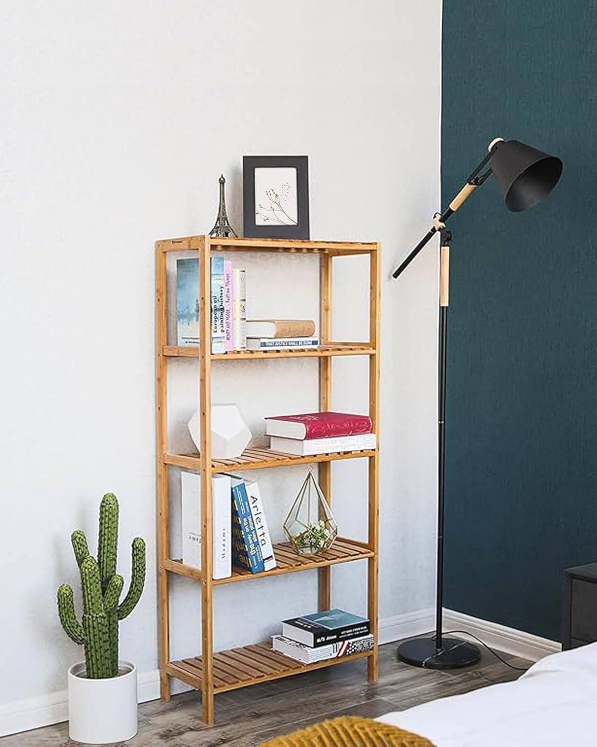 Bamboo Storage Shelf, 5-Tier Shelving Unit, Multifunctional, in the Entryway, Bathroom, Living Room, Balcony, Kitchen, 10.2 X 23.6 X 51.2 Inches, Light Bamboo UBCB35Y