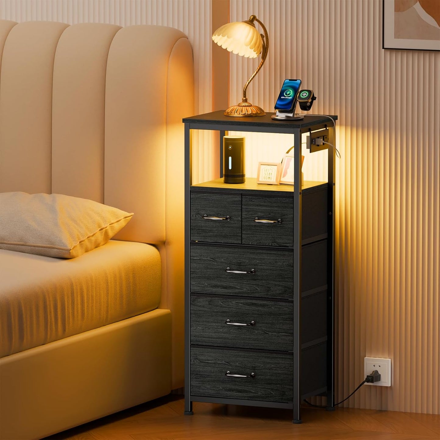 Dresser for Bedroom, Tall Nightstand, Vertical Chest with Wood Top, Charging Station, LED Lights, 5 Fabric Bins, Bedside Table with Shelf, Furniture for Entryway (5 Drawer, Black Oak)