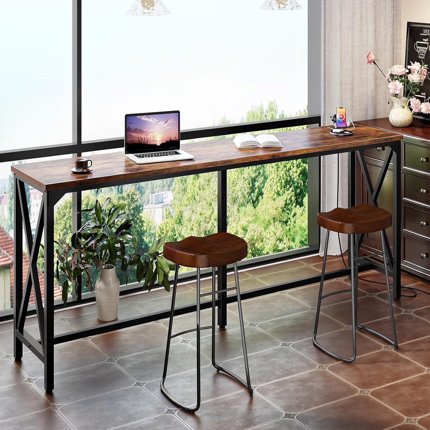 70.9'' Bar Table, Kitchen Dining Table with Power Outlet and Footrest, Industrial Style, for Pub, Living Room, Rustic Brown and Black TBT08UBF