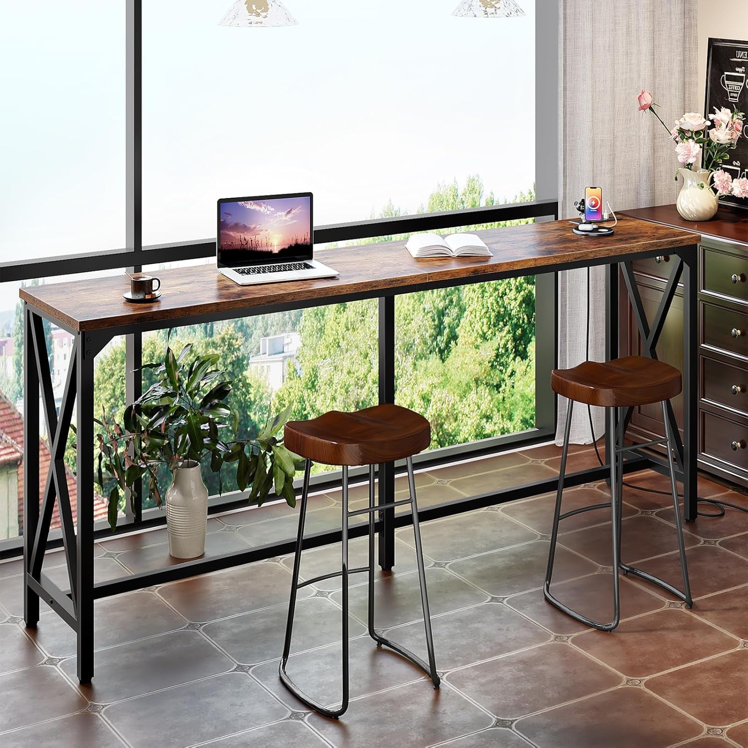 70.9'' Bar Table, Kitchen Dining Table with Power Outlet and Footrest, Industrial Style, for Pub, Living Room, Rustic Brown and Black TBT08UBF