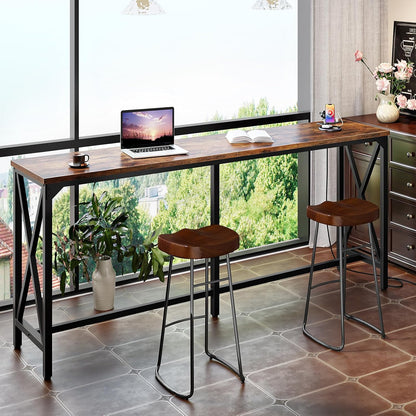 70.9'' Bar Table, Kitchen Dining Table with Power Outlet and Footrest, Industrial Style, for Pub, Living Room, Rustic Brown and Black TBT08UBF