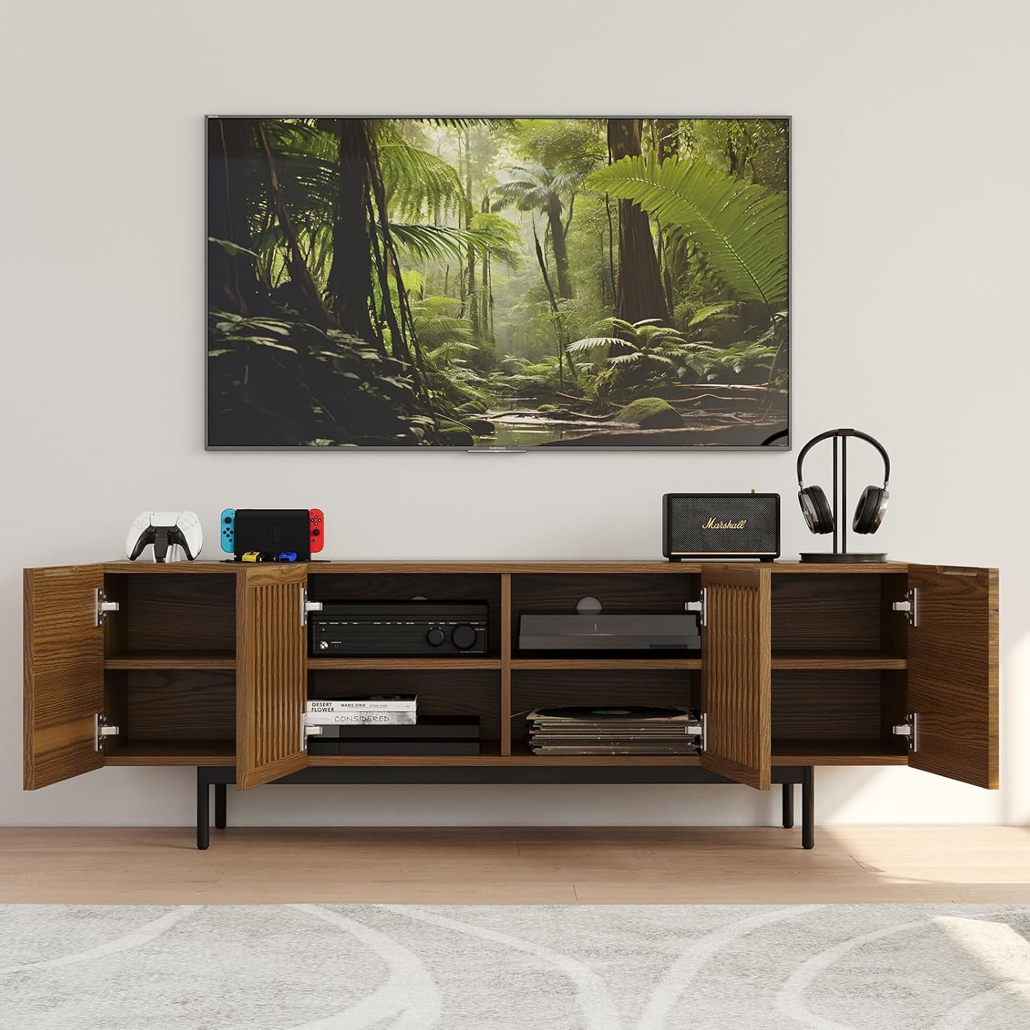 Full Assembled Mid-Century Modern TV Stand with Slatted Doors, Wood Media Console for 65 Inch TV, TV Console with Tall-Cast Metal Legs, Entertainment Center with Storage for Living Room