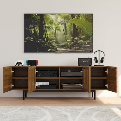 Full Assembled Mid-Century Modern TV Stand with Slatted Doors, Wood Media Console for 65 Inch TV, TV Console with Tall-Cast Metal Legs, Entertainment Center with Storage for Living Room