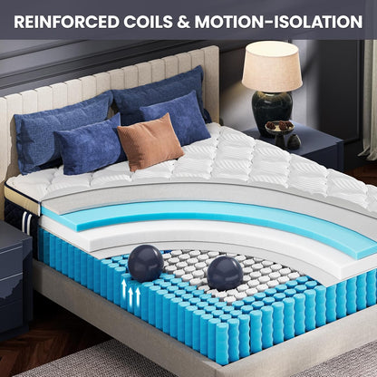 Queen Mattress 14 Inch - Hotel Collection Hybrid Mattress with 5-Zone Support, Luxury Sleep Comfort, Extra Back & Hip Support, Fiberglass-Free, Certipur-Us Certified, 365-Night Trial