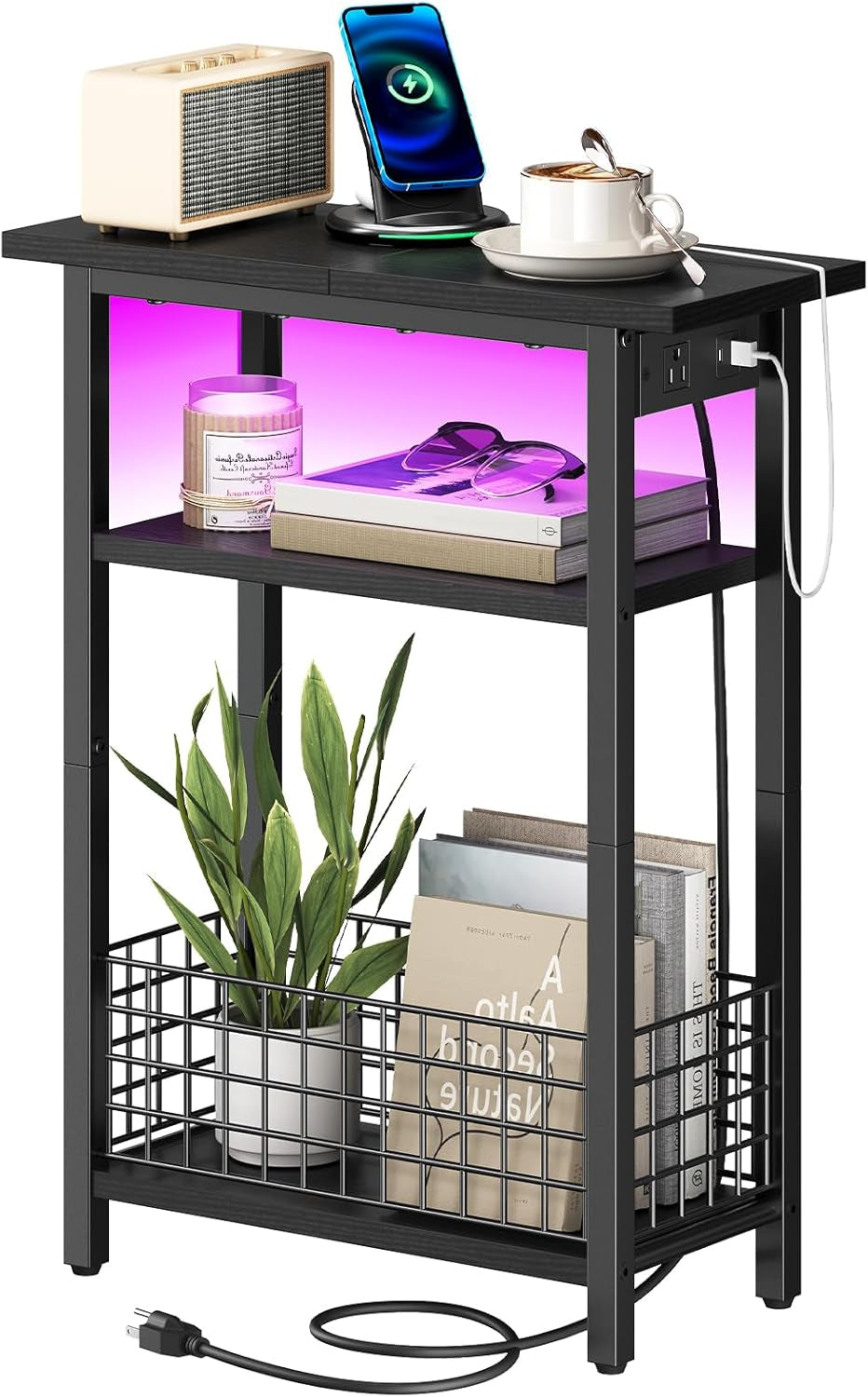 Narrow Side Table with Charging Station and LED Light, Small End Table with Storage, Skinny Nightstand with USB Port, Slim Bedside Table for Small Spaces, Living Room, Black BB242UDBZ01