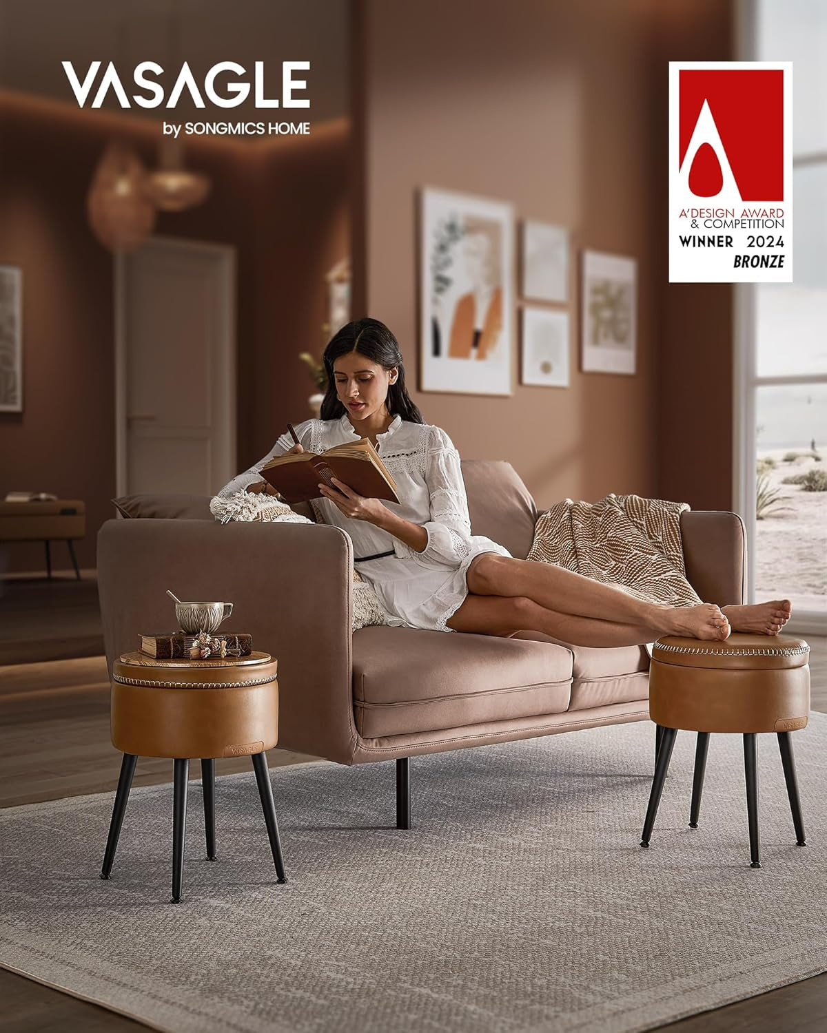 EKHO Collection - Storage Ottoman, Vanity Chair Stool, Synthetic Leather with Stitching, Mid-Century Modern, round Storage Seat with Steel Legs, Loads 330 Lb, Caramel Brown ULOM005K01