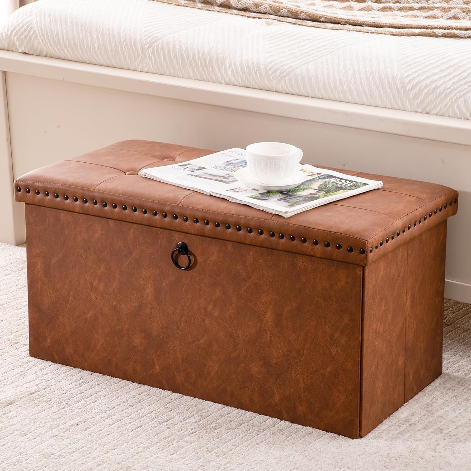 30 Inches Folding Storage Ottoman Bench, Ottoman PU Leather Tuffed End of Bed Bench, Foot Rest with Rivet Design, Ottoman with Storage, Load 330 Lb, for Living Room, Bedroom, Entryway, Brown