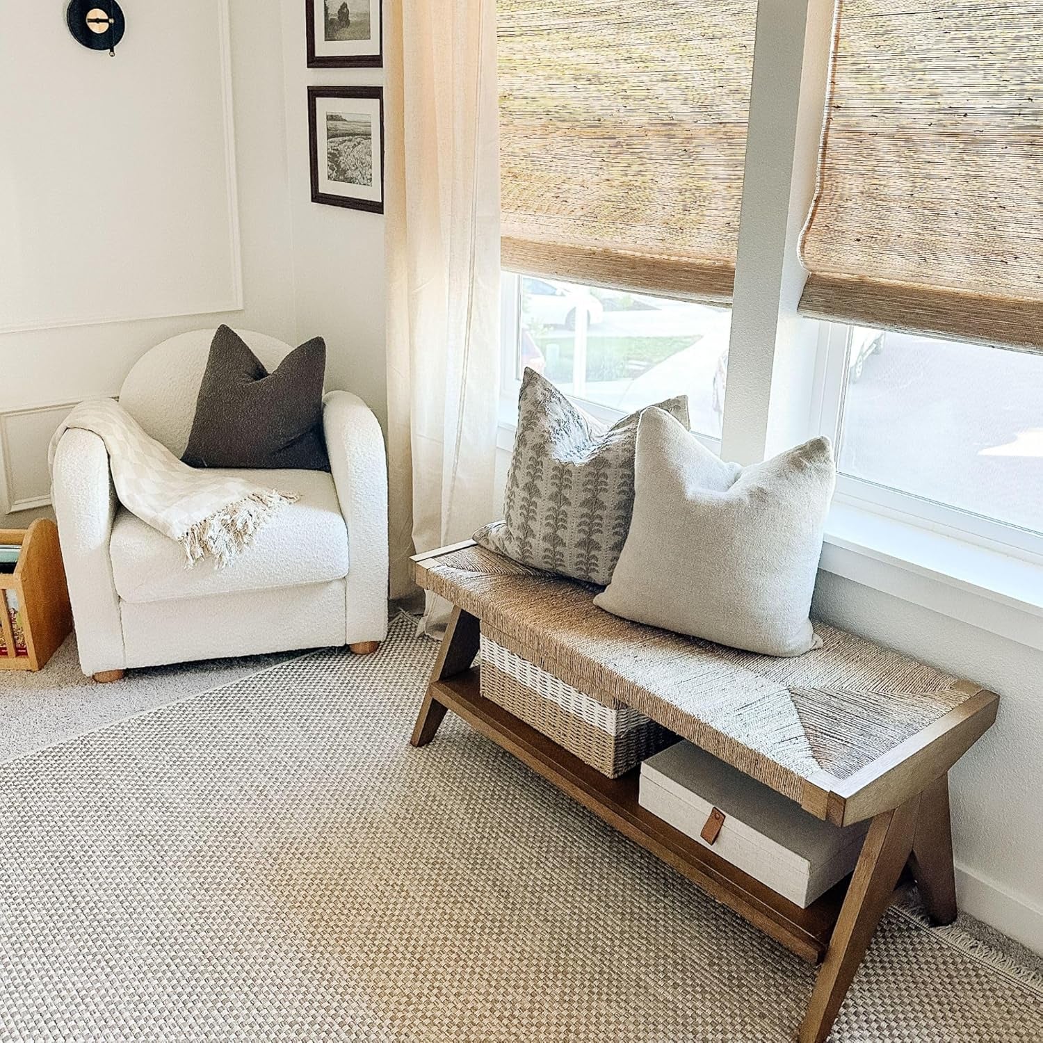 Beacon Bohemian Bench Seat with Shoe Storage, Seagrass Entryway or End of Bed Bench with Solid Wood Frame, Brushed Light Brown