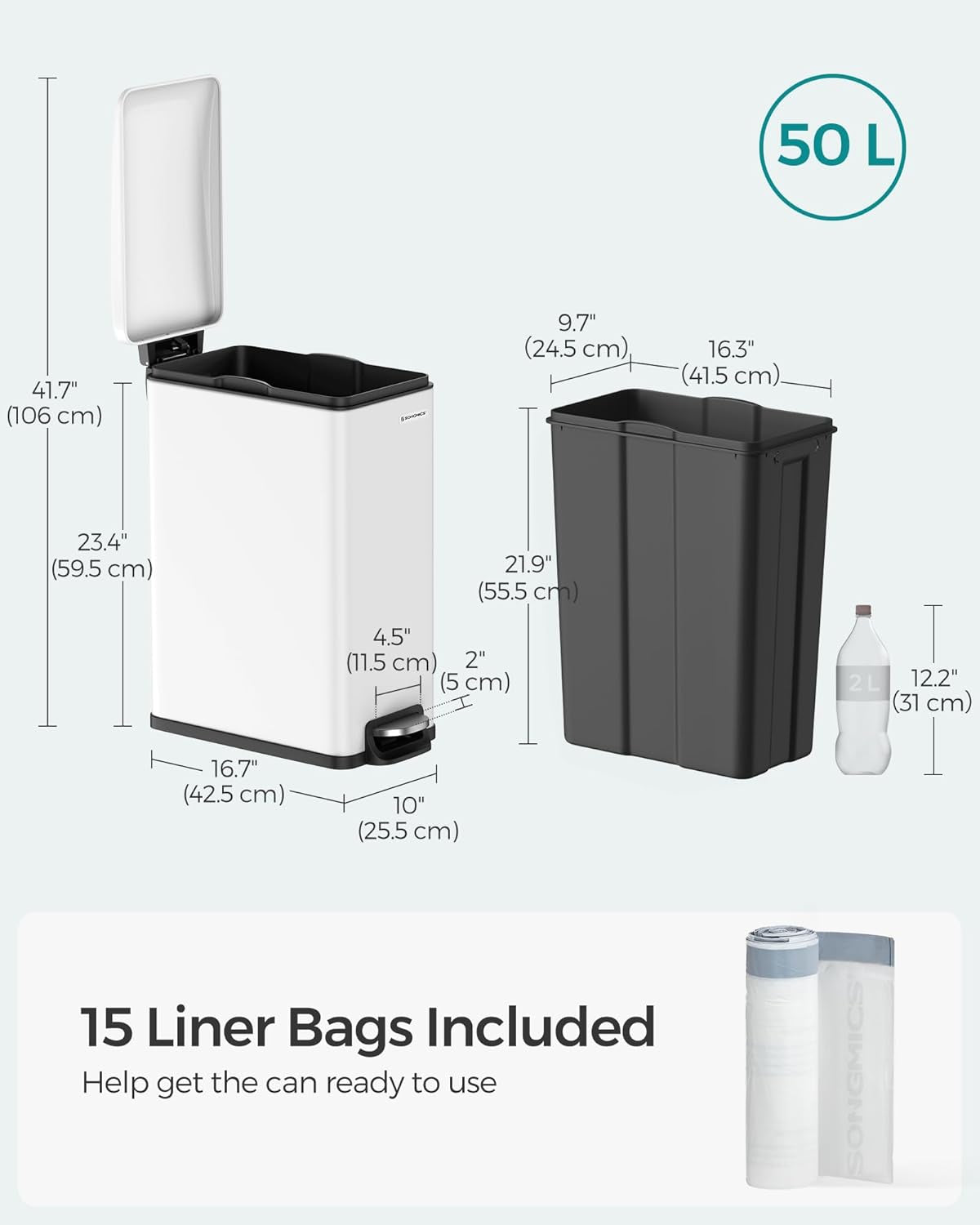 Slim Trash Can, 13-Gallon (50 L) Garbage Can for Narrow Spaces with Soft-Close Lid, Inner Bucket, and Step-On Pedal, Stainless Steel, 15 Trash Bags Included, White ULTB510W48