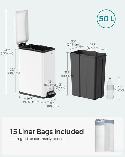 Slim Trash Can, 13-Gallon (50 L) Garbage Can for Narrow Spaces with Soft-Close Lid, Inner Bucket, and Step-On Pedal, Stainless Steel, 15 Trash Bags Included, White ULTB510W48
